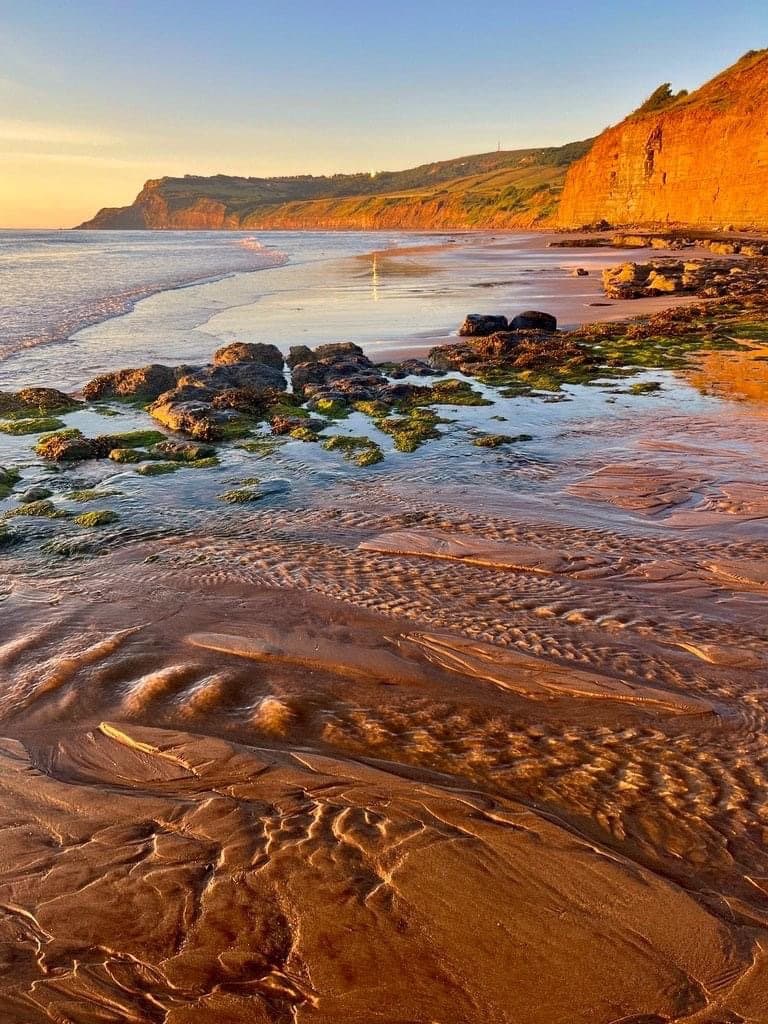 Warm evening light over the beach and cliffs